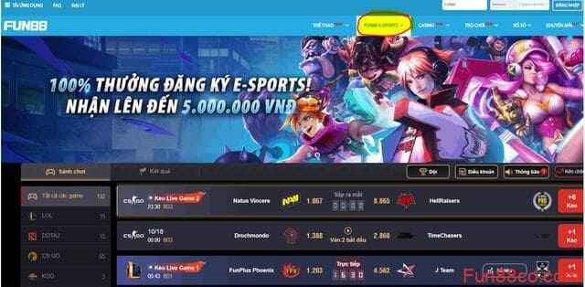 Sau khi đăng nhập, bạn chọn vào mục Fun88 esport bấm chọn chơi ngay để vào giao diện trò chơi Sau khi đăng nhập, bạn chọn vào mục Fun88 esport bấm chọn chơi ngay để vào giao diện trò chơi